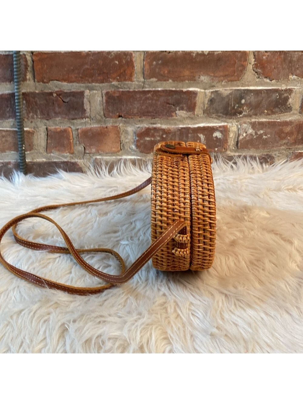 Oval Woven Rattan Bag with Long Leather Strap - Picture 12 of 16